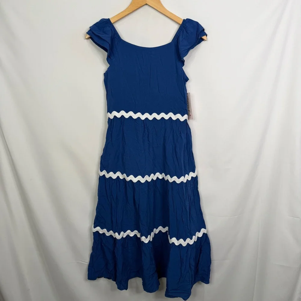 Chenault Girl Navy Blue Ric Rac Woven Maxi Dress Kids Size 14 Tiered NWT